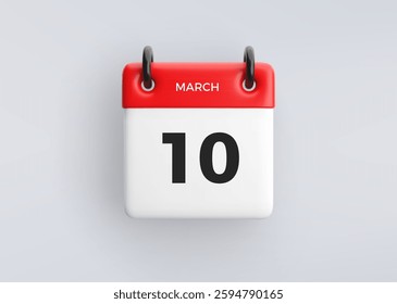 3D calendar icon with date 10 March on grey background. Vector schedule symbol.