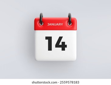 3D calendar icon with date 14 January on grey background. Vector schedule symbol.