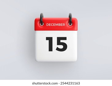 Icono de calendario 3D con fecha 15 de diciembre sobre fondo gris. Símbolo de programación de Vector.