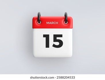 3D calendar icon with date 15 March on grey background. Vector schedule symbol.