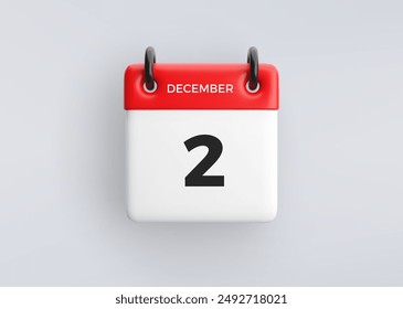 3D calendar icon with date 2 December on grey background. Vector schedule symbol.