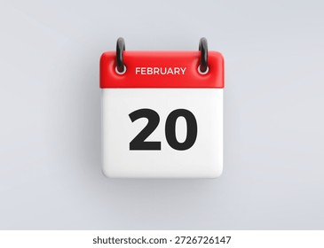Icono de calendario 3D con fecha 20 de febrero sobre fondo gris. Horario de Vector que se puede complementar con una fecha necesaria.