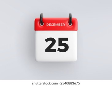 Icono de calendario 3D con fecha 25 de diciembre sobre fondo gris. Símbolo de programación de Vector.