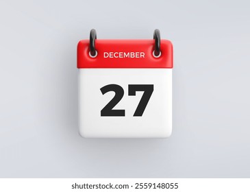 3D calendar icon with date 27 December on grey background. Vector schedule symbol.