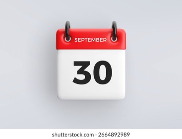Icono de calendario 3D con fecha 30 de septiembre sobre fondo gris. Símbolo de programación de Vector.