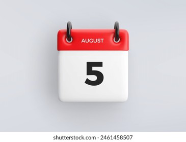 3D calendar icon with date 5 august on grey background. Vector schedule symbol.