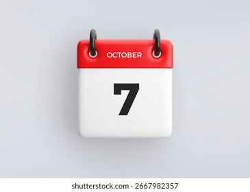 Icono de calendario 3D con fecha 7 de octubre sobre fondo gris. Símbolo de programación de Vector.