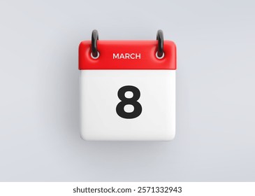 3D calendar icon with date 8 March on grey background. Vector schedule symbol.