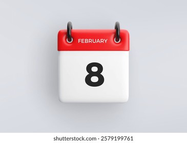 3D calendar icon with date 8 February on grey background. Vector schedule symbol.