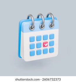 3D calendar Icon. Flip-page calendar with ring binding in realistic style. Daily business scheduler. Time management, work planning concept. Vector illustration of events planner on gray background