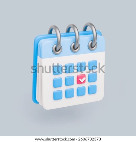 3D calendar Icon. Flip-page calendar with ring binding in realistic style. Daily business scheduler. Time management, work planning concept. Vector illustration of events planner on gray background