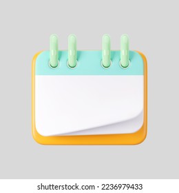 3d calendar icon with flipping paper pages and rings isolated on gray background. Render of daily schedule planner. Calendar events plan, work planning concept. 3d cartoon simple vector illustration