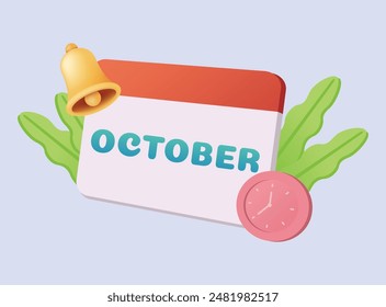 3d calendar icon. October. Daily schedule planner. Calendar events plan, work planning concept. 3d cartoon simple vector illustration