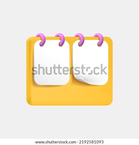 3D calendar icon on a spring with two white flip sheets. Countdown symbol of days on spiral with copy space pages. Modern reminder sign, design element for event or holiday. Vector illustration