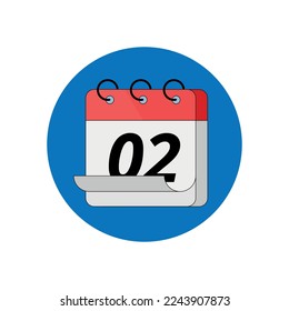 3D calendar icon in red color with blue circle background, calendar marking day 02.