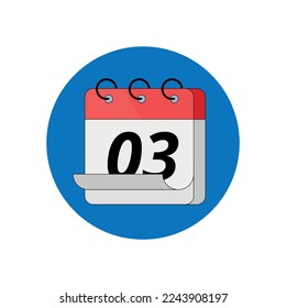 3D calendar icon in red color with blue circle background, calendar marking day 03.