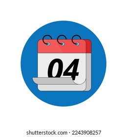 3D calendar icon in red color with blue circle background, calendar marking day 04.