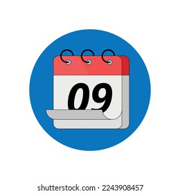 3D calendar icon in red color with blue circle background, calendar marking day 09.