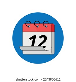 3D calendar icon in red color with blue circle background, calendar marking day 12.