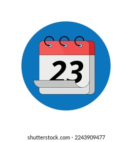 3D calendar icon in red color with blue circle background, calendar marking day 23.