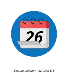3D calendar icon in red color with blue circle background, calendar marking day 26.
