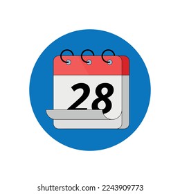 3D calendar icon in red color with blue circle background, calendar marking day 28.