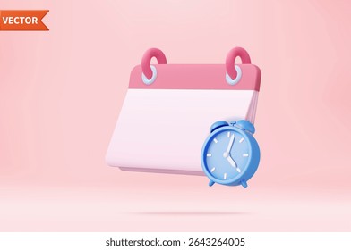 ícone de calendário 3d para o dia de lembrete em fundo azul. Calendário com relógio 3d para compromisso de data e hora, dia do evento, planejamento de feriados. renderização 3d. Ilustração vetorial
