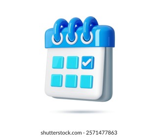 3d calendar icon, render event planner with check mark. Isolated vector reminder for meetings and appointments, due dates, vacation planning and scheduling processes requiring organizational graphics