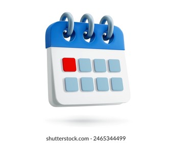 3D calendar icon, schedule plan or planner organizer for app or application, isolated vector. Calendar in 3D with month or week page on binder rings with event date notification for schedule agenda