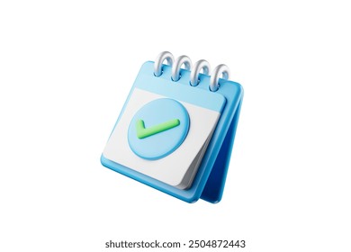 3D calendar icon showing date and time for meeting reminders. Calendar with 3D check mark for appointments, due dates, holiday planning. 3D calendar illustration.