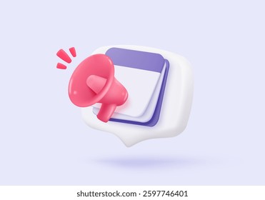 3d calendar icon signs with notice for important reminder. Calendar with megaphone or emergency notifications speaker loud concept. 3d schedule alarm warning icon vector render illustration