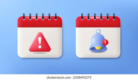 3d calendar icons with danger alert and bell notice signs. Event schedule date reminder, calendar danger day, dating notice. Date warning, important calendar day note. Vector illustration