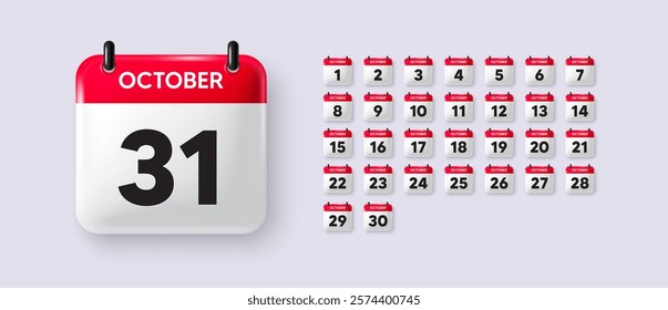 3D calendar icons. Date from 1 to 31 of October. Schedule symbols set. Date calendar planner. Meeting appointment time. Agenda plan, October month schedule 3d calendar and Time planner. Vector