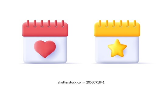 Iconos de calendario 3d con formas de corazón y estrella en colores rojo y amarillo, estilo gráfico de representación, aislado