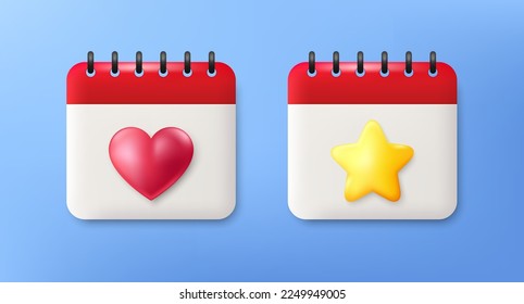 3d calendar icons with heart and star shapes, render graphic style. Event schedule date, calendar favorite day with star, dating reminder. Romantic date, important calendar day. Vector illustration