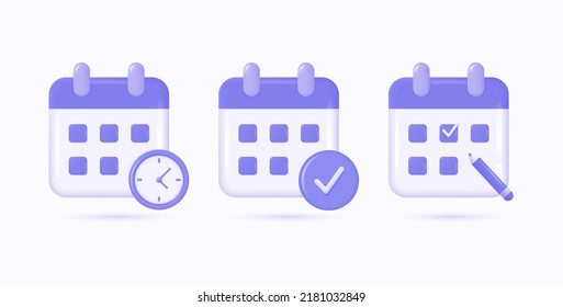 3d calendar icons in three versions with clock, pencil and check mark. vector illustration in realistic style isolated on white background