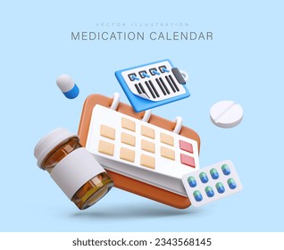 Calendario 3d, frasco con fármaco y blister con píldoras. Concepto de calendario de medicamentos. Cartel del hospital. Es hora de tomar medicamentos. Ilustración vectorial con fondo azul y lugar para texto