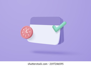 3d Calendar Mark Date And Time For Reminder Day In Purple Background. Calendar With Clock For Schedule Appointment, Event Day, Holiday Planning Concept. 3d Alarm Clock Icon Vector Render Illustration