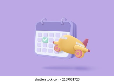 3d calendar marked date for booking ticket plane day on travel holiday. Calendar with mark for schedule appointment, event day, holiday planning concept 3d flight airplane vector render illustration svg
