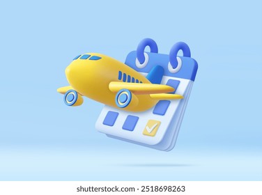 Calendario 3D fecha marcada para reservar el billete de avión día de viaje. Calendario con marca para la cita programada, día del evento, concepto de planificación de vacaciones. Renderización 3D. Ilustración vectorial