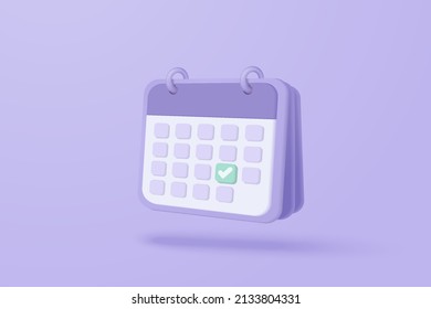 3d calendar marked date for important day in purple background. Calendar with mark for schedule appointment, event day, holiday planning concept 3d vector render isolated pastel background