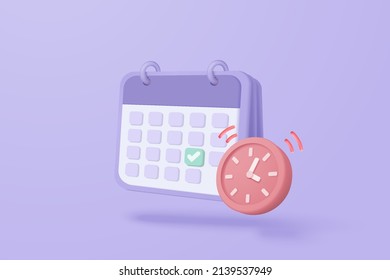 3d calendar marked date for important day in purple background. Calendar with mark for schedule appointment, event day, holiday planning concept 3d alarm clock vector render isolated pastel background