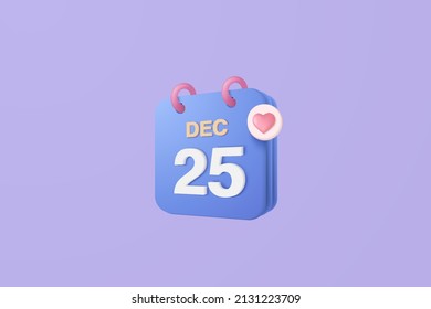 3d calendar marked date with love. Happy christmas day, blue pastel calendar with heart for schedule appointment, event day, holiday planning concept 3d vector render isolated background