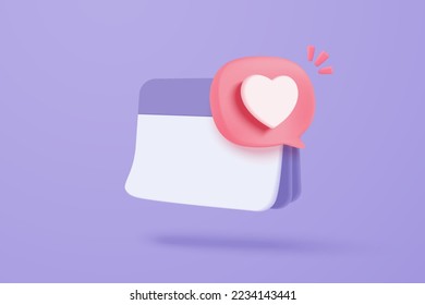 3d calendario marcado fecha con icono de amor. Feliz día de San Valentín, calendario pastel con corazón rojo para cita programada, día de evento, concepto de planificación de vacaciones 3d icono vectorial representar fondo aislado