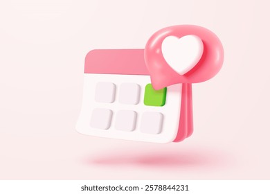 3d calendar marked date with love icon. Happy valentine day, pastel calendar with red heart for schedule appointment, event day, holiday planning concept 3d icon vector render isolated background