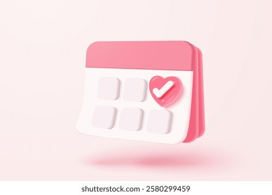 3d calendar marked date with love icon. Happy valentine day, pastel calendar with red heart for schedule appointment, event day, holiday planning concept 3d icon vector render isolated background