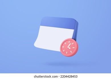 3d Calendar Marked Date And Time For Reminder Day In Blue Background. Calendar With Clock For Schedule Appointment, Event Day, Holiday Planning Concept. 3d Alarm Clock Icon Vector Render Illustration