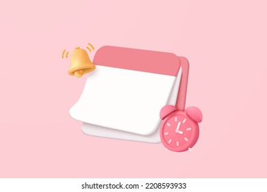 3d calendar marked date and time for reminder day in pink background. Calendar 3d with clock for schedule appointment, event day, holiday planning. 3d alarm clock icon vector render illustration svg