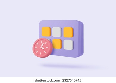 3d calendar marked date and time for reminder day in blue background. Calendar with clock for schedule appointment, event day, holiday planning concept. 3d alarm clock icon vector render illustration