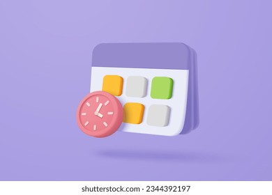 3d calendar marked date and time for reminder day in purple background. Calendar 3d with clock for schedule appointment, event date, holiday planning. 3d alarm clock icon vector render illustration